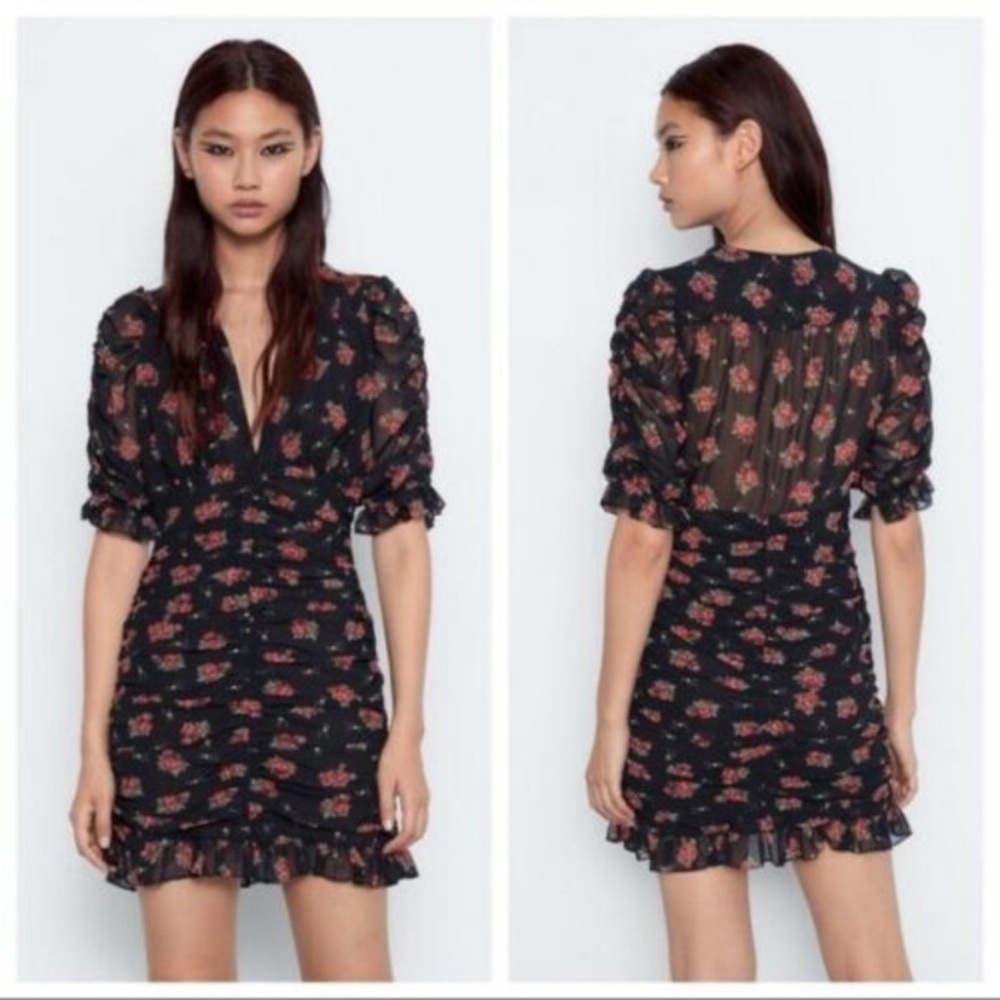 Zara Floral 3/4 Sleeves V Neck Smocked Mini Dress Size Large